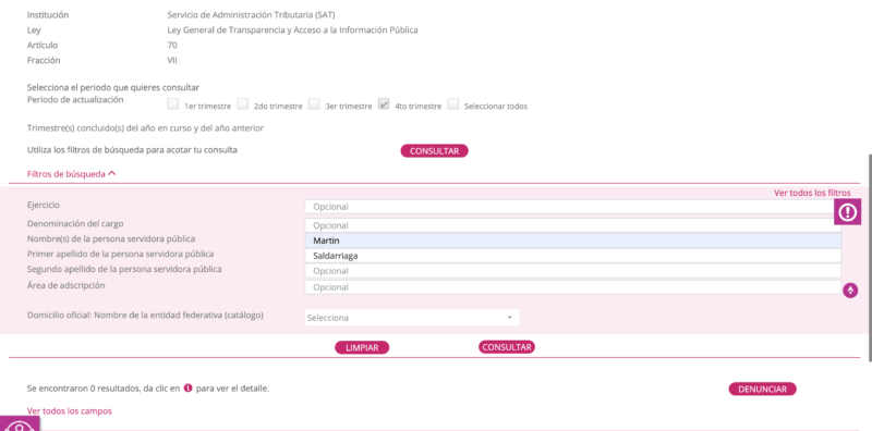 PNT al consultar información sobre Martin Saldarriaga